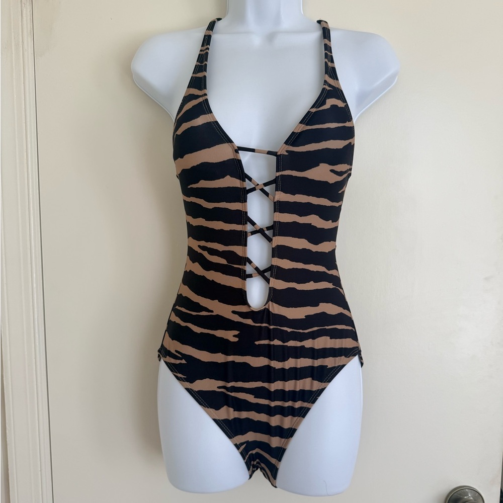 Vince Camuto Black and Brown Tiger Stripe One-Piece Swimsuit